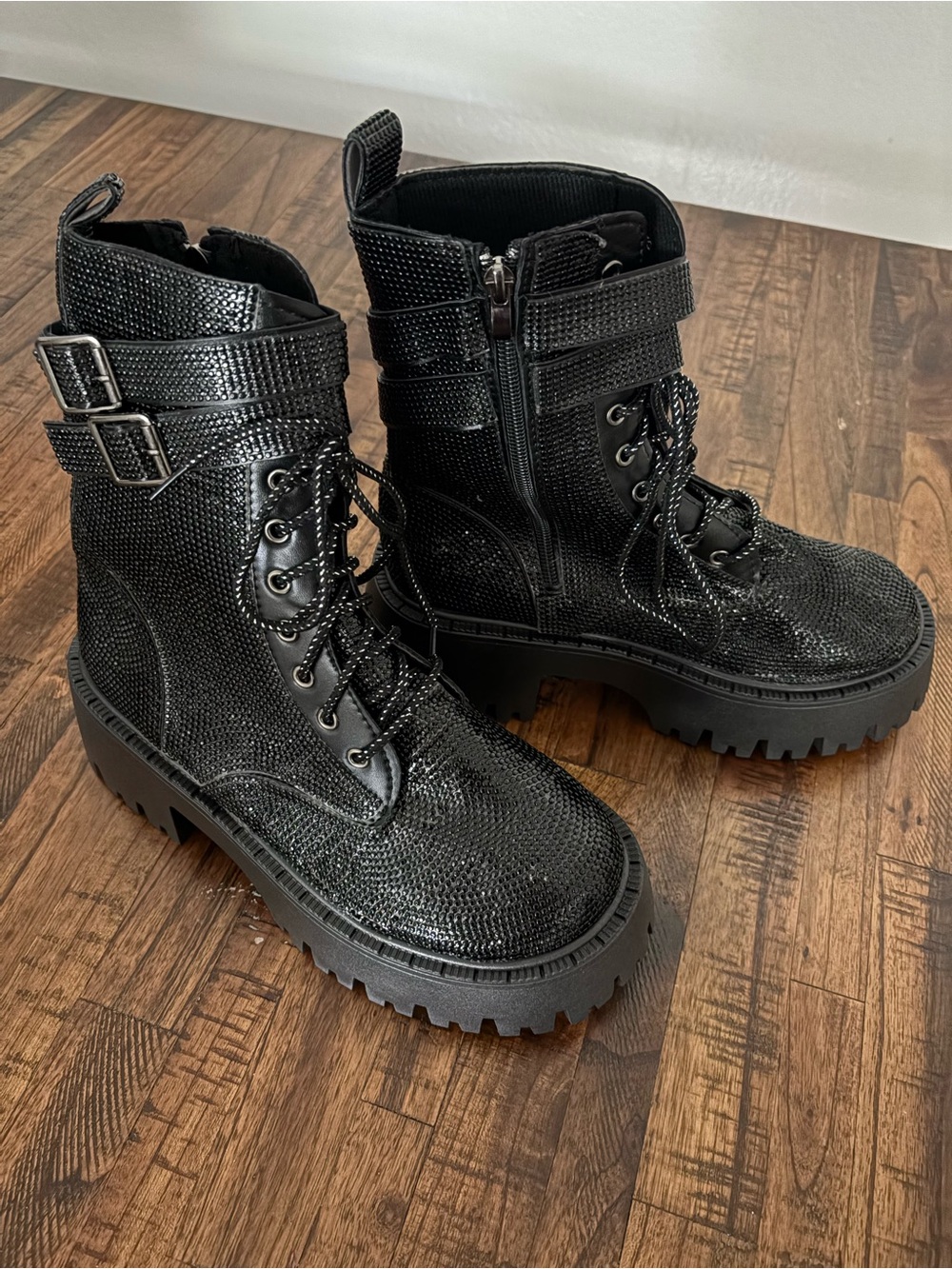 Women's Black Textured Combat Boots with Buckle Straps